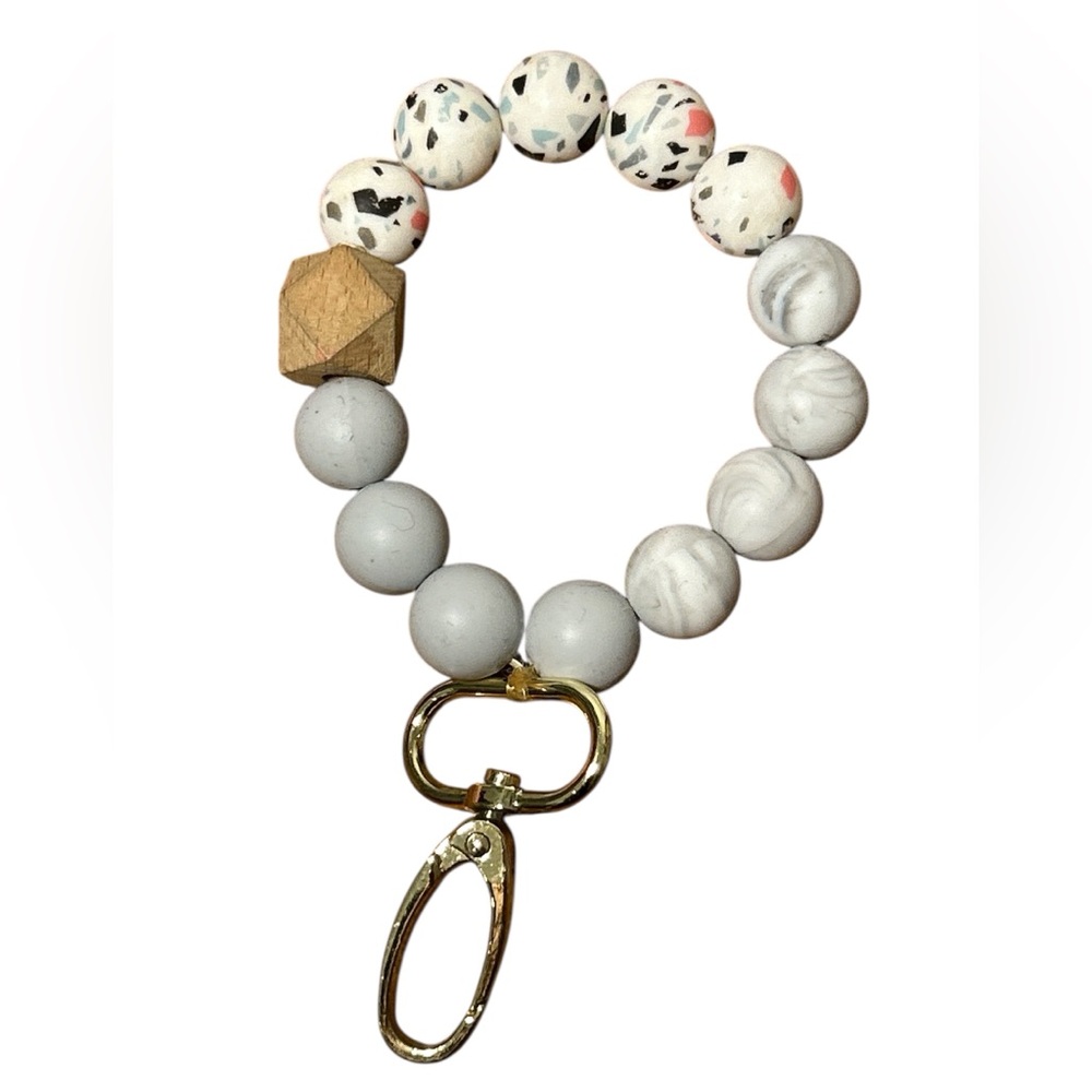 Gray and White Beaded Keychain Bracelet 52